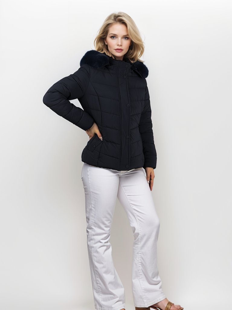 Women's pocket special press line snap button short cotton coat