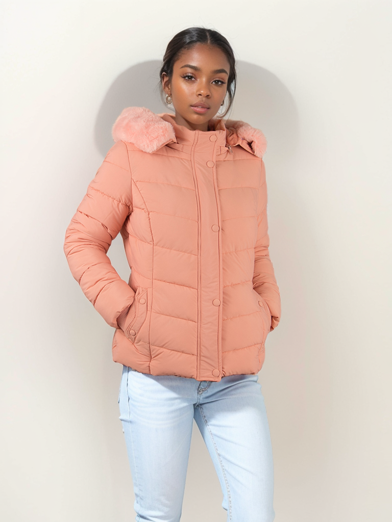 Women's pocket special press line snap button short cotton coat