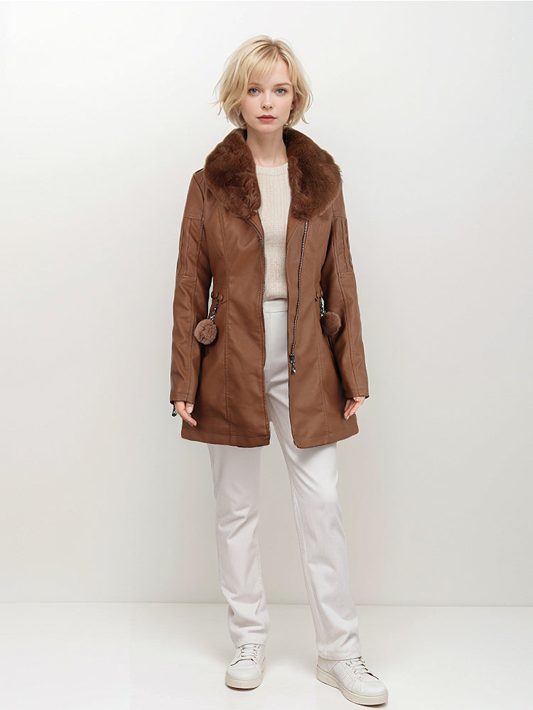 Waist petal loose-leaf buckle ladies long leather jacket with fur collar