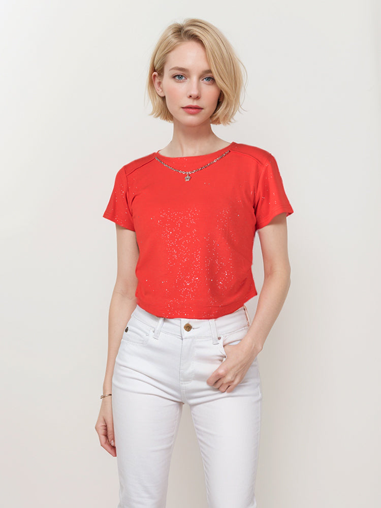 Camiseta corta con lentejuelas y purpurina de cadena
