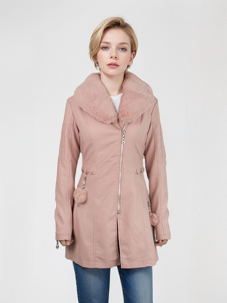 Waist petal loose-leaf buckle ladies long leather jacket with fur collar