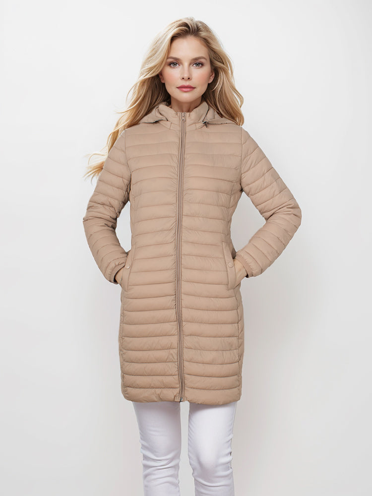Abrigo largo de algodón de moda para mujer con capucha.