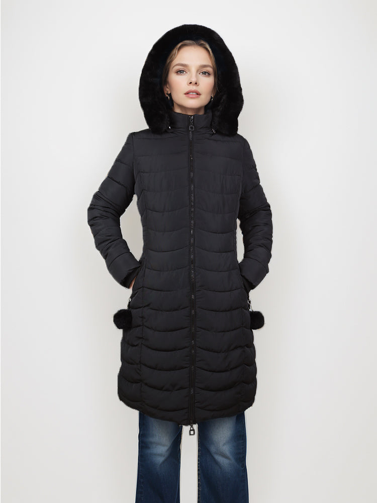 Women's winter long solid color jacket with faux fur ball detachable hooded