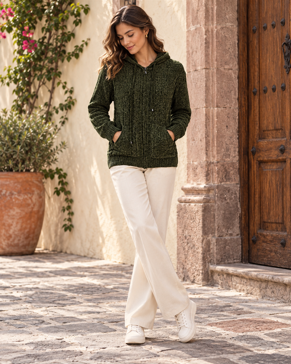 Drawstring Hooded Zip‑Up Cardigan