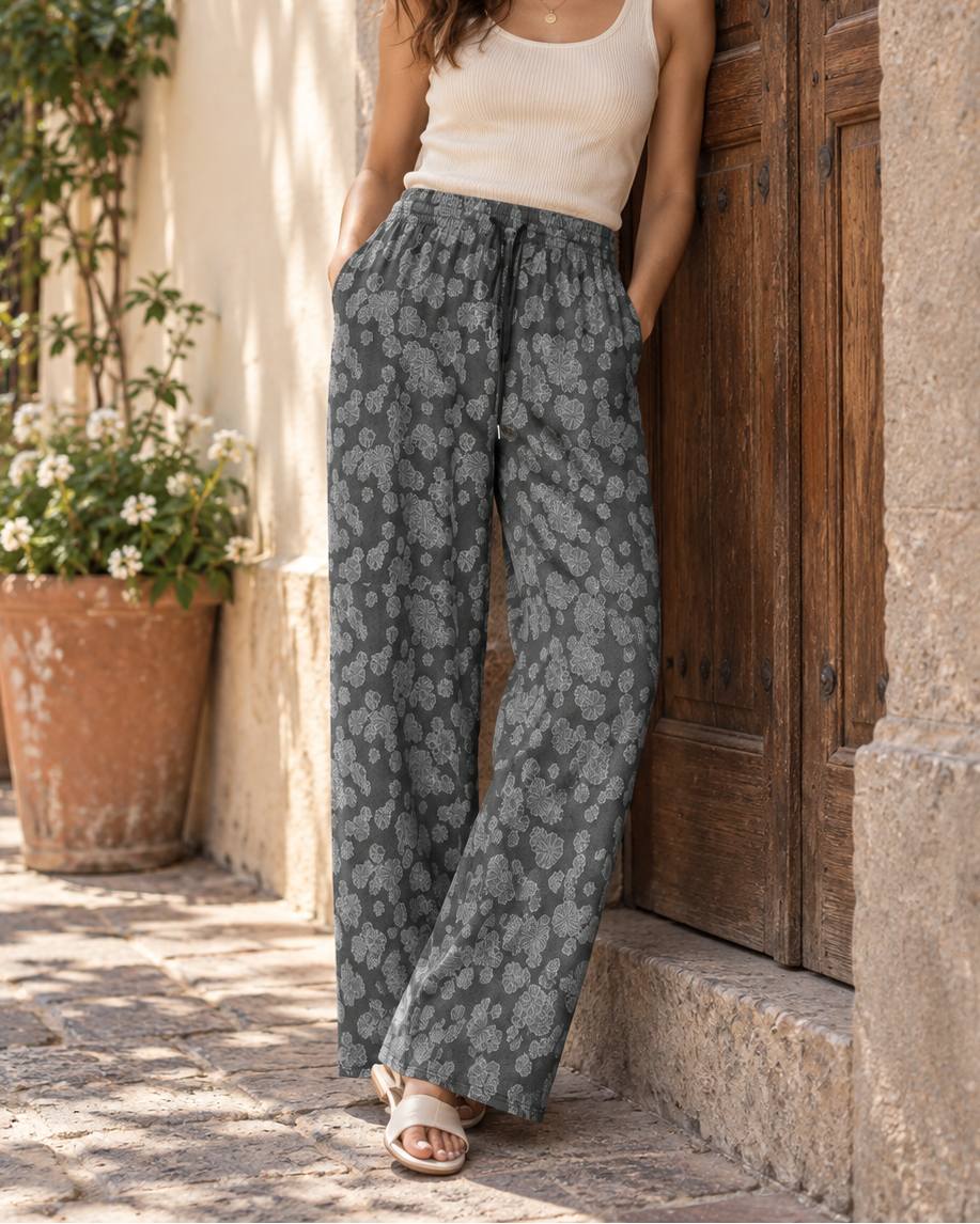Gray toned floral wide-leg pants