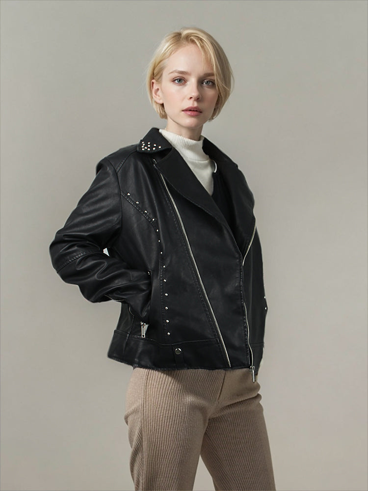 Short Collar Front and Rear Riveted Bottom Buckle for Women's Leather Jacket