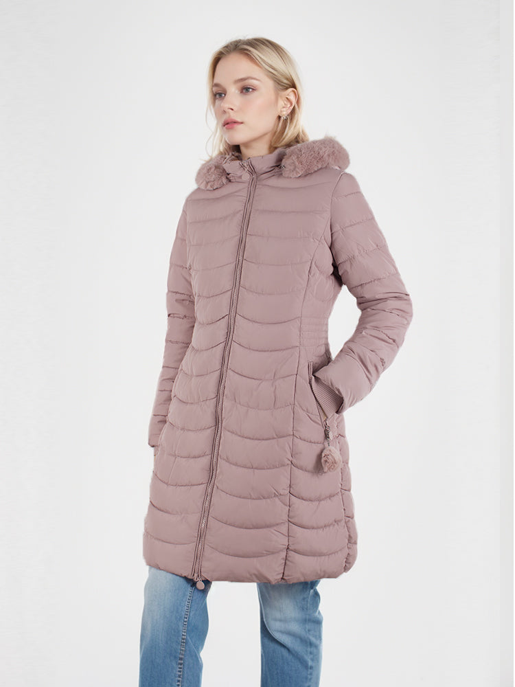 Women's winter long solid color jacket with faux fur ball detachable hooded
