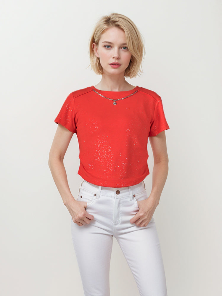 Camiseta corta con lentejuelas y purpurina de cadena