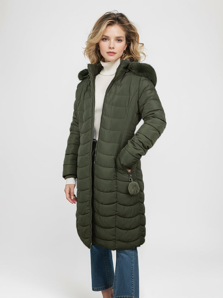 Women's winter long solid color jacket with faux fur ball detachable hooded