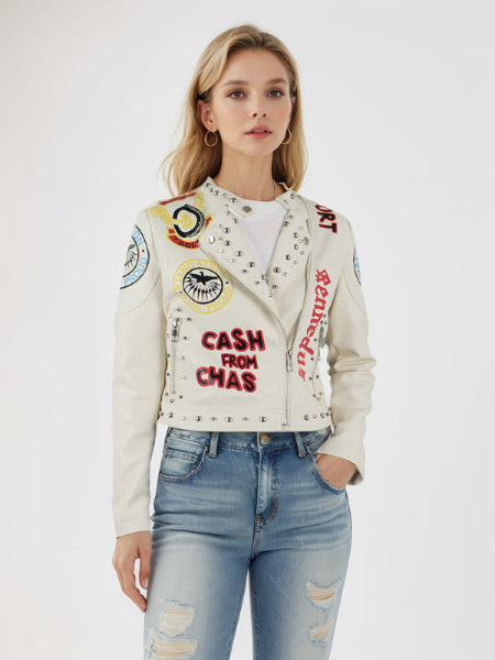 women' short leather jacket with rivet print pattern