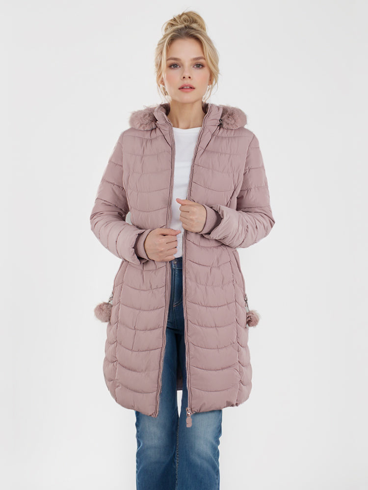 Women's winter long solid color jacket with faux fur ball detachable hooded