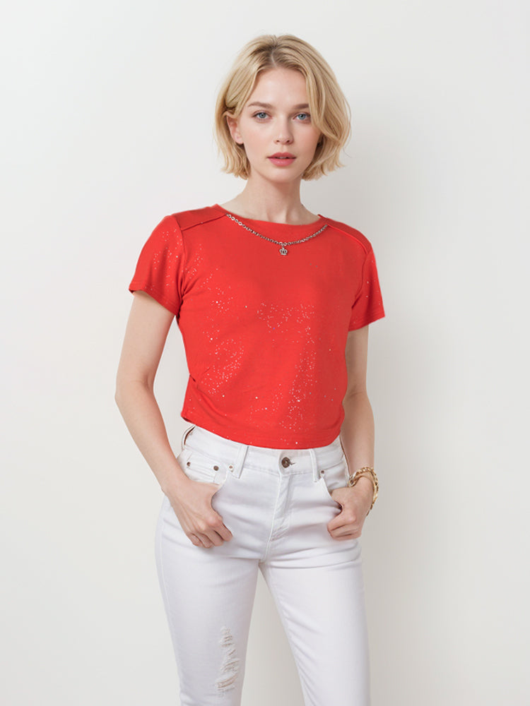 Camiseta corta con lentejuelas y purpurina de cadena