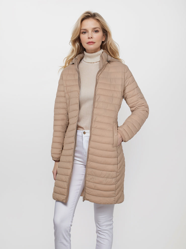 Abrigo largo de algodón de moda para mujer con capucha.