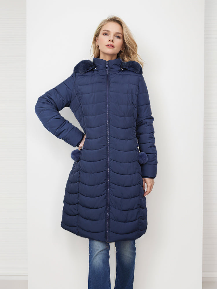 Women's winter long solid color jacket with faux fur ball detachable hooded