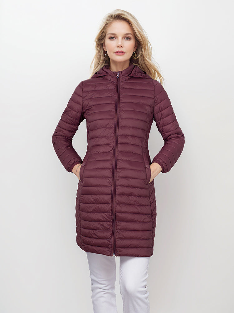 Abrigo largo de algodón de moda para mujer con capucha.