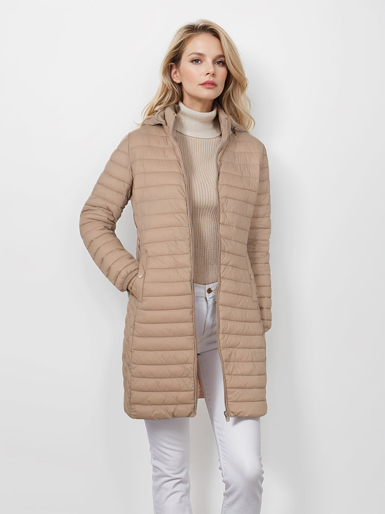 Abrigo largo de algodón de moda para mujer con capucha.