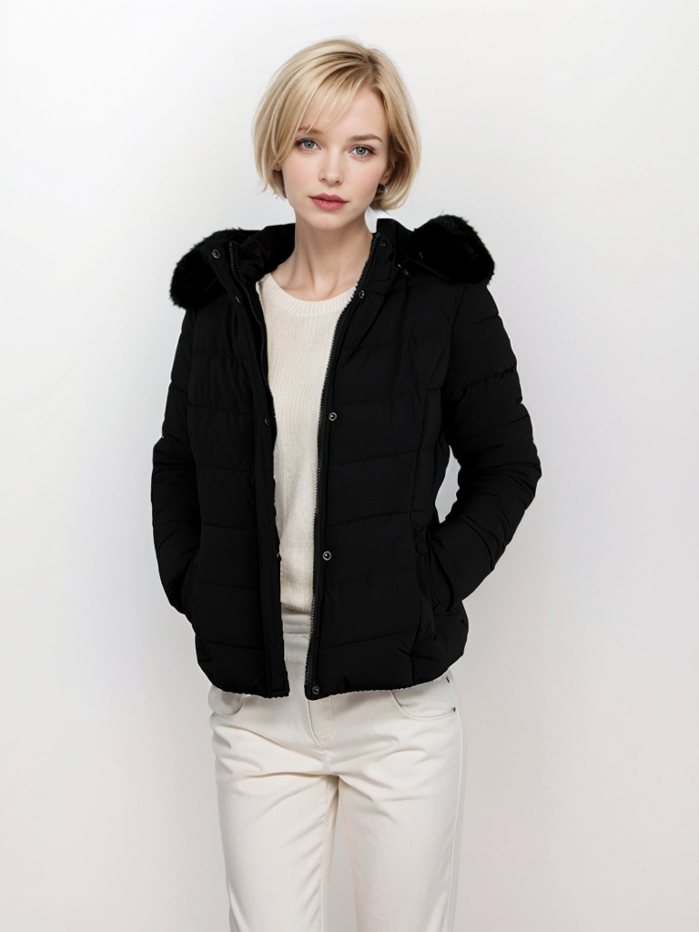 Women's pocket special press line snap button short cotton coat