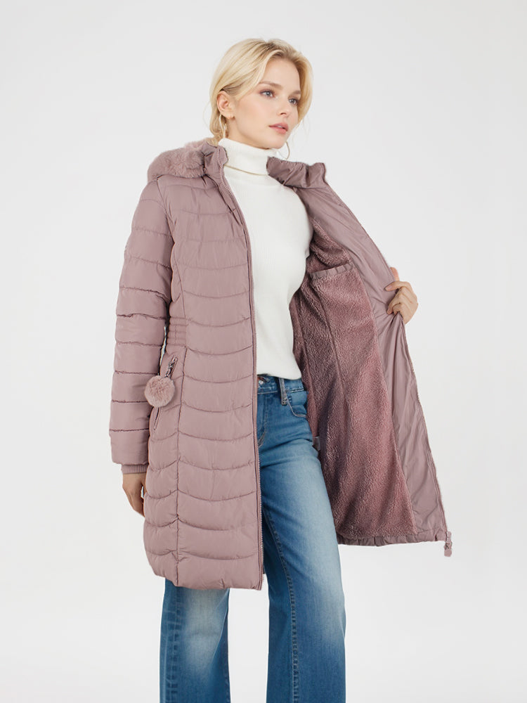 Women's winter long solid color jacket with faux fur ball detachable hooded