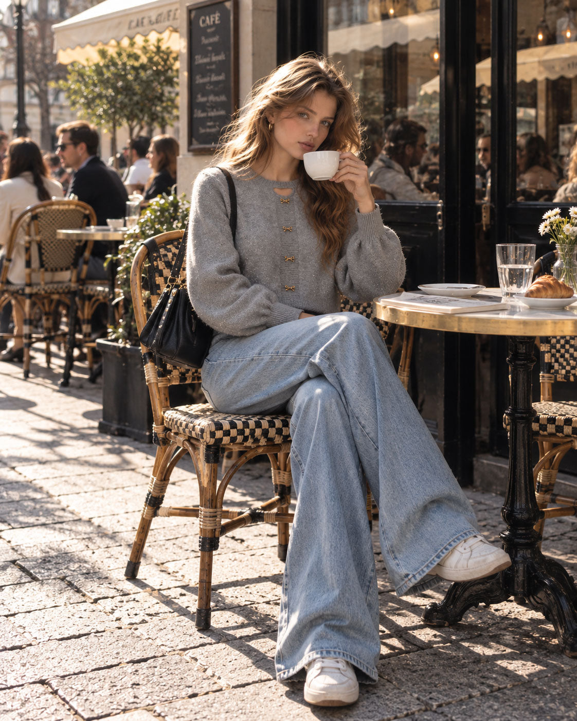 Puff‑Sleeve Cropped Knit Cardigan
