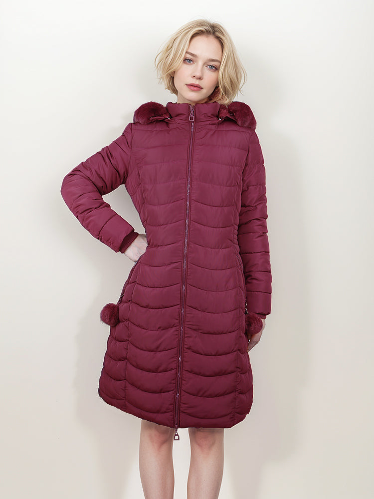 Women's winter long solid color jacket with faux fur ball detachable hooded