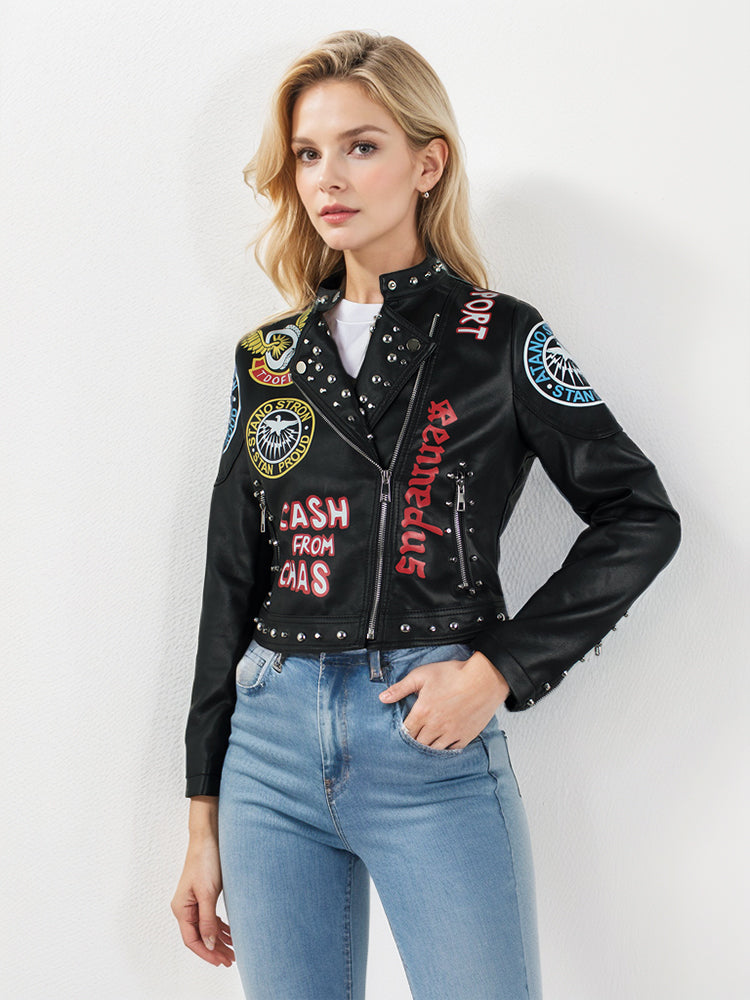 women' short leather jacket with rivet print pattern