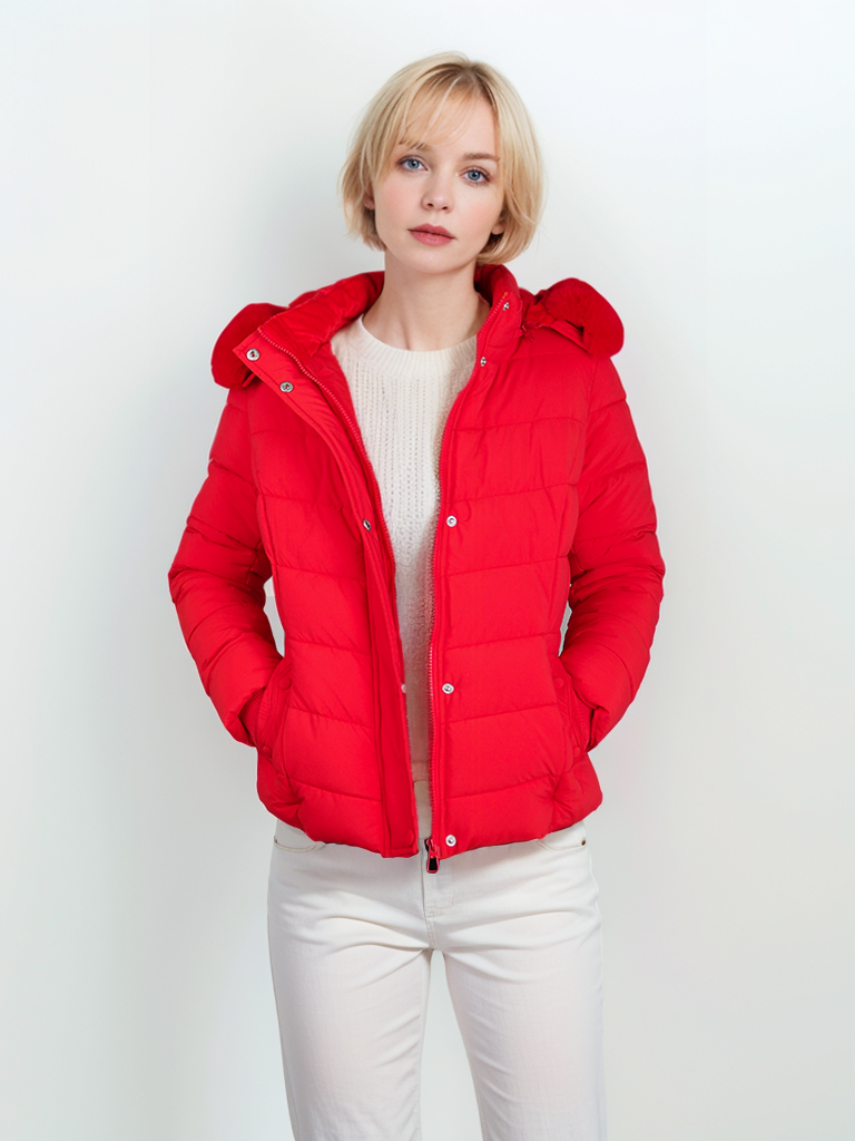 Women's pocket special press line snap button short cotton coat