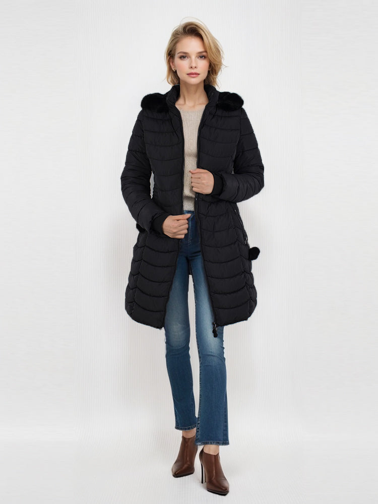 Women's winter long solid color jacket with faux fur ball detachable hooded