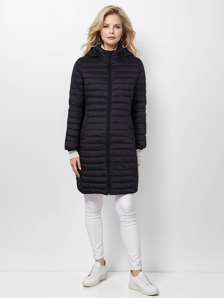 Abrigo largo de algodón de moda para mujer con capucha.