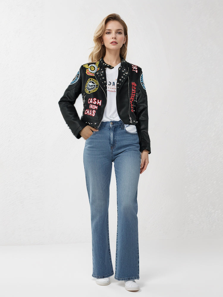 women' short leather jacket with rivet print pattern