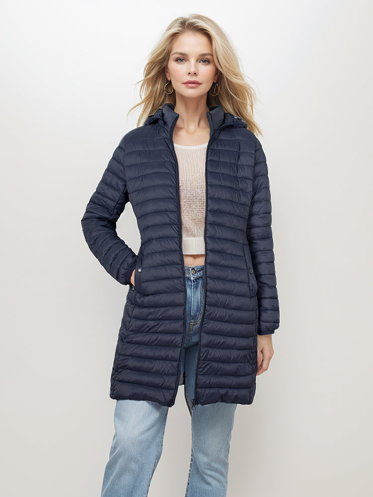 Abrigo largo de algodón de moda para mujer con capucha.