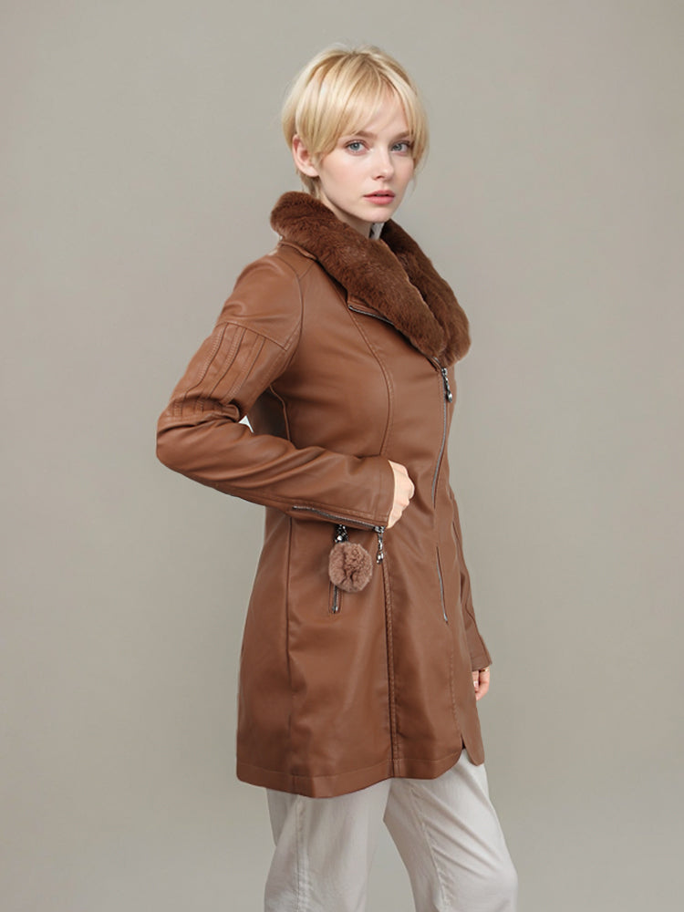 Waist petal loose-leaf buckle ladies long leather jacket with fur collar