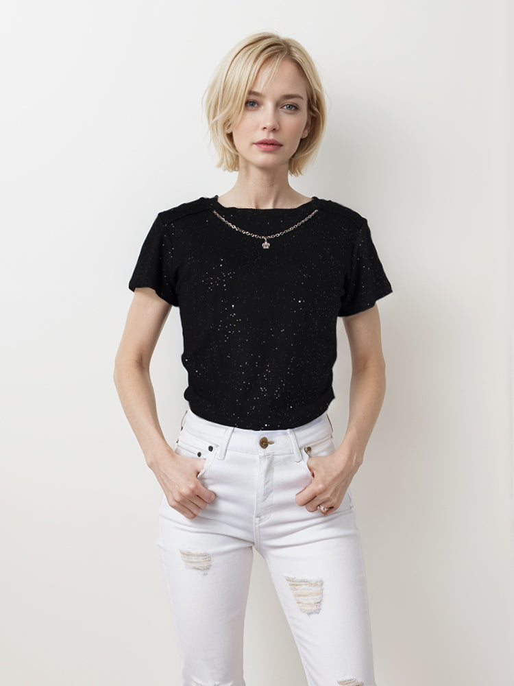 Camiseta corta con lentejuelas y purpurina de cadena