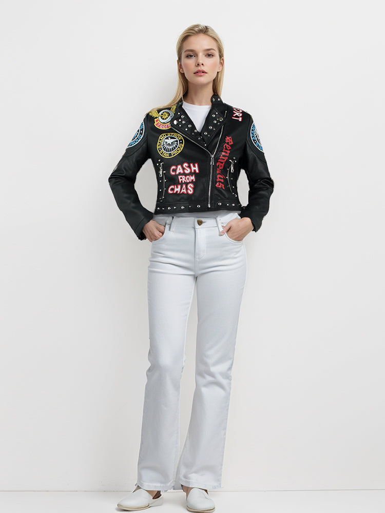 women' short leather jacket with rivet print pattern