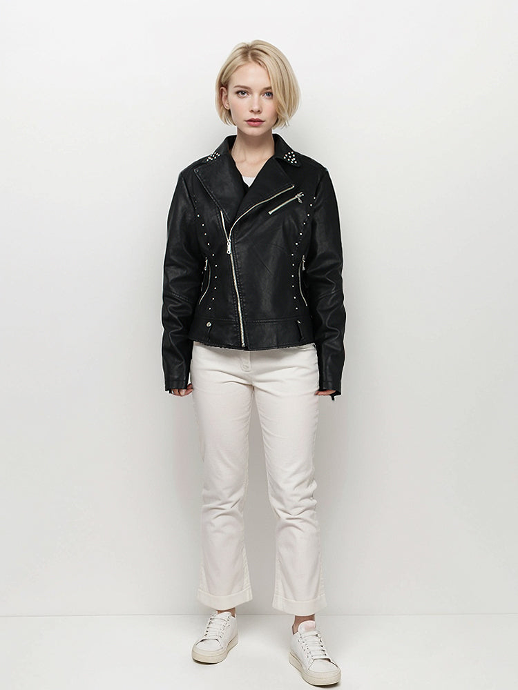 Short Collar Front and Rear Riveted Bottom Buckle for Women's Leather Jacket