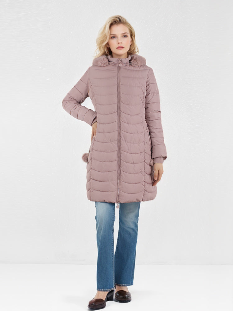 Women's winter long solid color jacket with faux fur ball detachable hooded