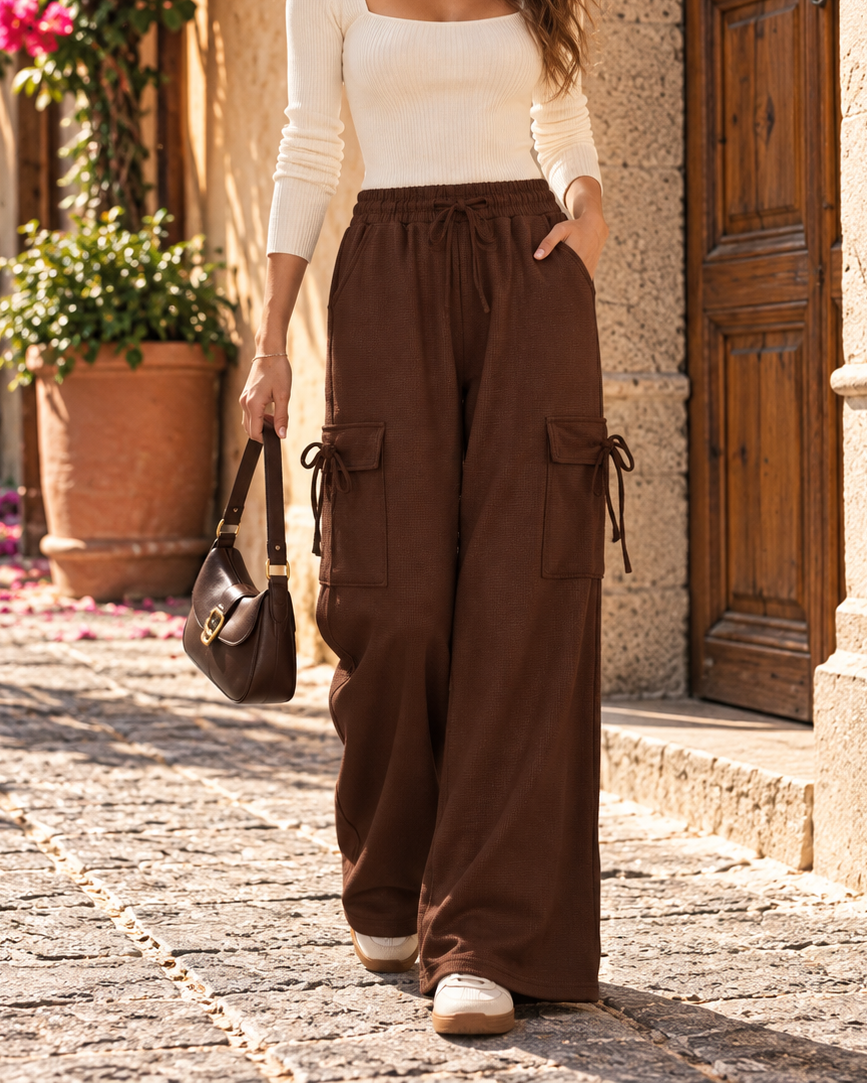 Waffle Knit Tie Cargo Wide Leg Pants