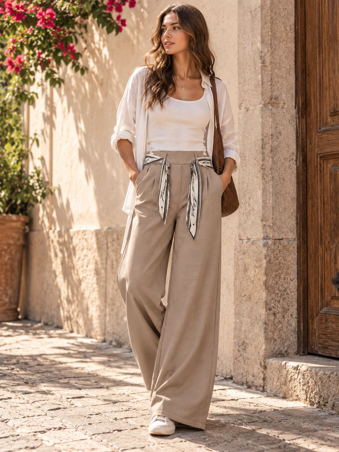 Scarf Belt Wide‑leg Pants