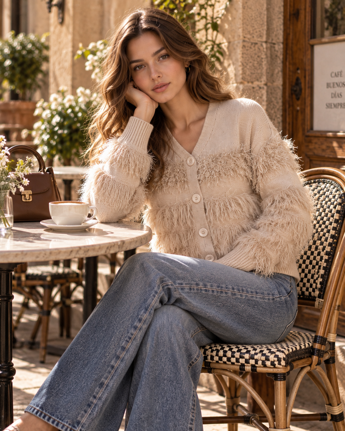 Fringe‑Faux‑Fur Spliced Cardigan